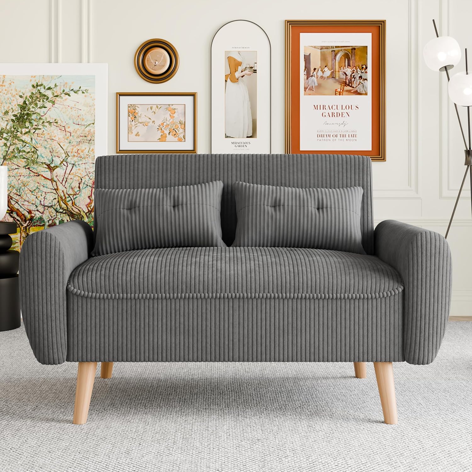Vongrasig 48 Small Modern Loveseat Sofa, Mid Century Soft Corduroy Fabric 2-Seat Sofa Couch Tufted Love Seat with Back Cushions and Tapered Legs for Living Room, Bedroom and Small Space (Dark Gray)