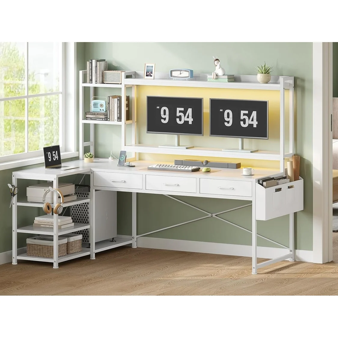 55 L Shaped Gaming Desk Corner Computer Desk Fabric Drawers