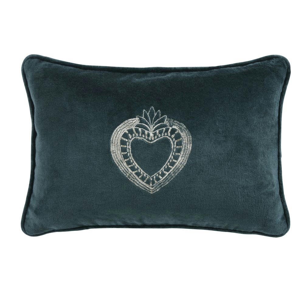 ALTURA - Coussin en velours de coton vert cèdre motif cœur floral doré brodé 30x20