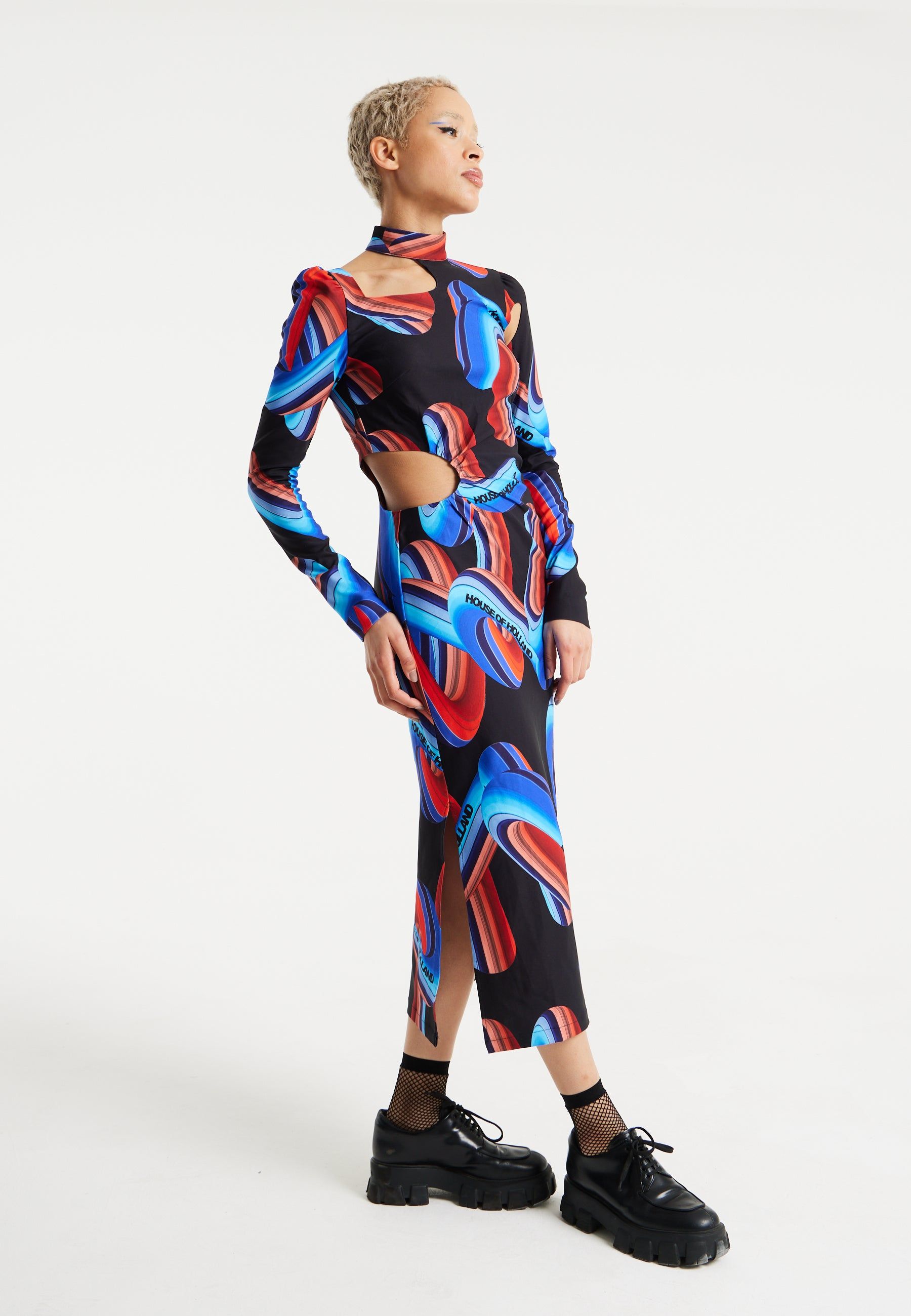 House of Holland Abstract Print Midi Dress With Front Cut Out Detail