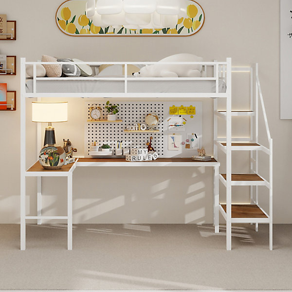 Lit Mezzanine 90x190 cm - avec Bureau en L et Escalier, Garde-Corps Continu, Structure en Métal, sans Matelas, Blanc