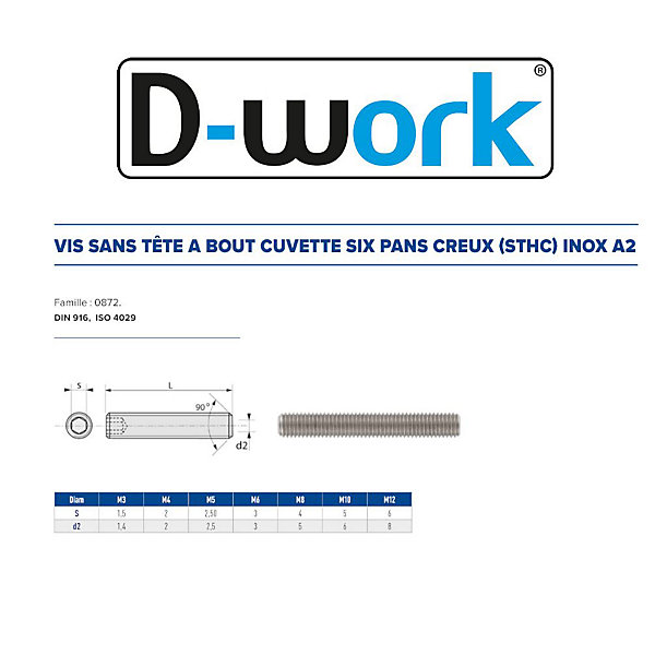 200 Vis Sans Tête 6 Pans Creux à Bout Cuvette STHC 8 x 8 mm - DIN 916 - Inox A2 - D-Work