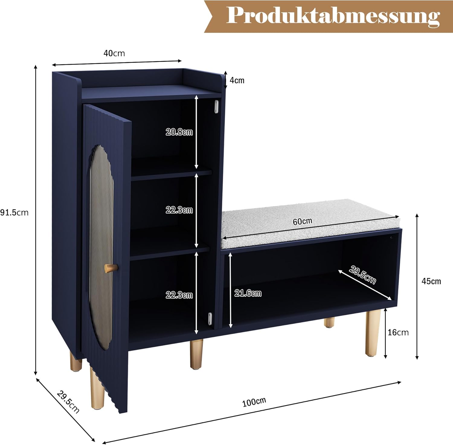 HLR Storage Bench with Glass Door&Shelf, Modern Entryway Shoe Cabinet Bench with Padded Seat, Blue L-Shaped Storage Cabinet for Hallway, Bedroom, Living Room, Office