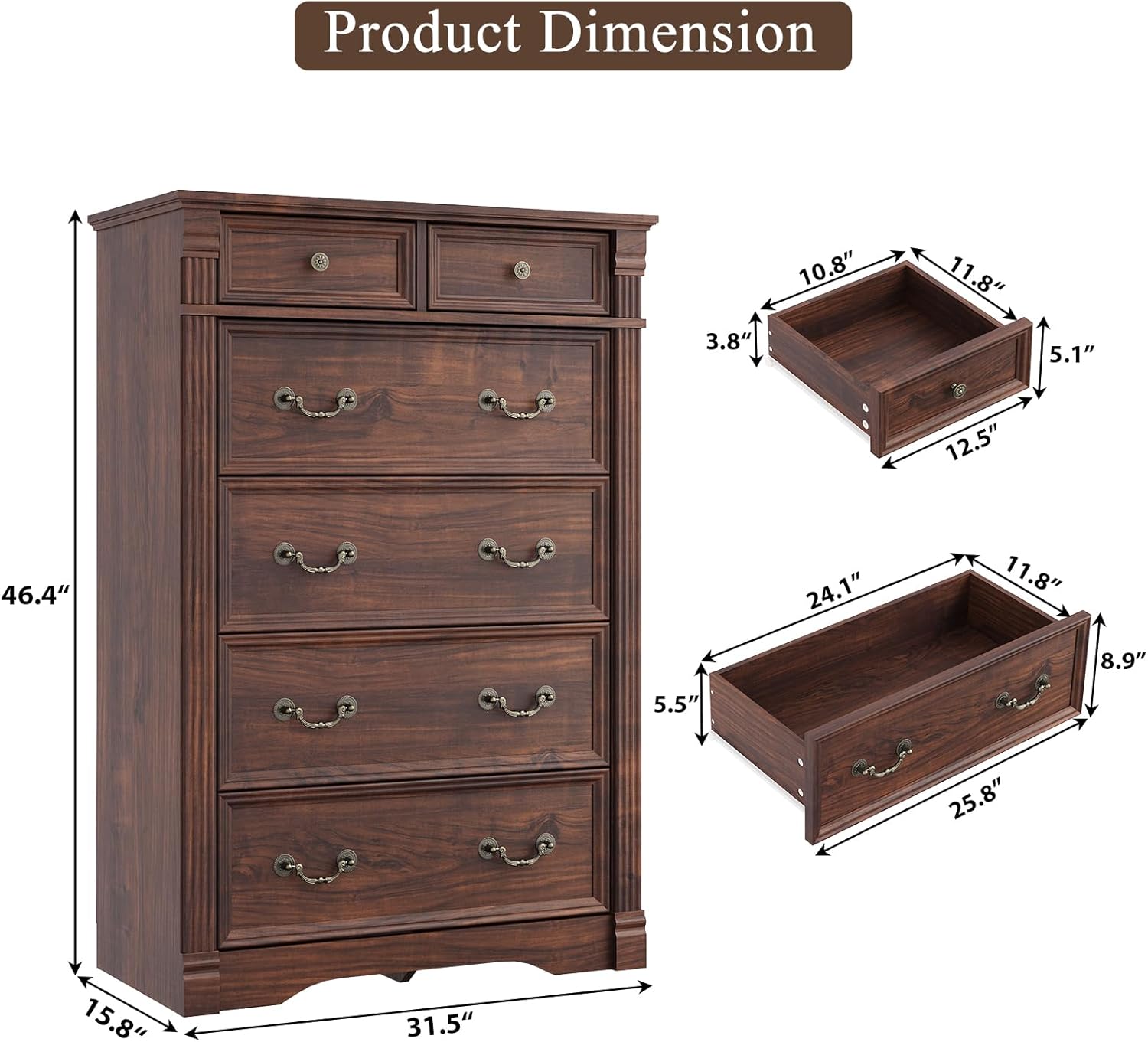 Walnut 6 Drawer Dresser for Bedroom, 47 Tall Dresser, Wood Rustic Chest of Drawers with Chic Wood Pilasters, Dressers Organizer for Bedroom, Hallway, Living Room