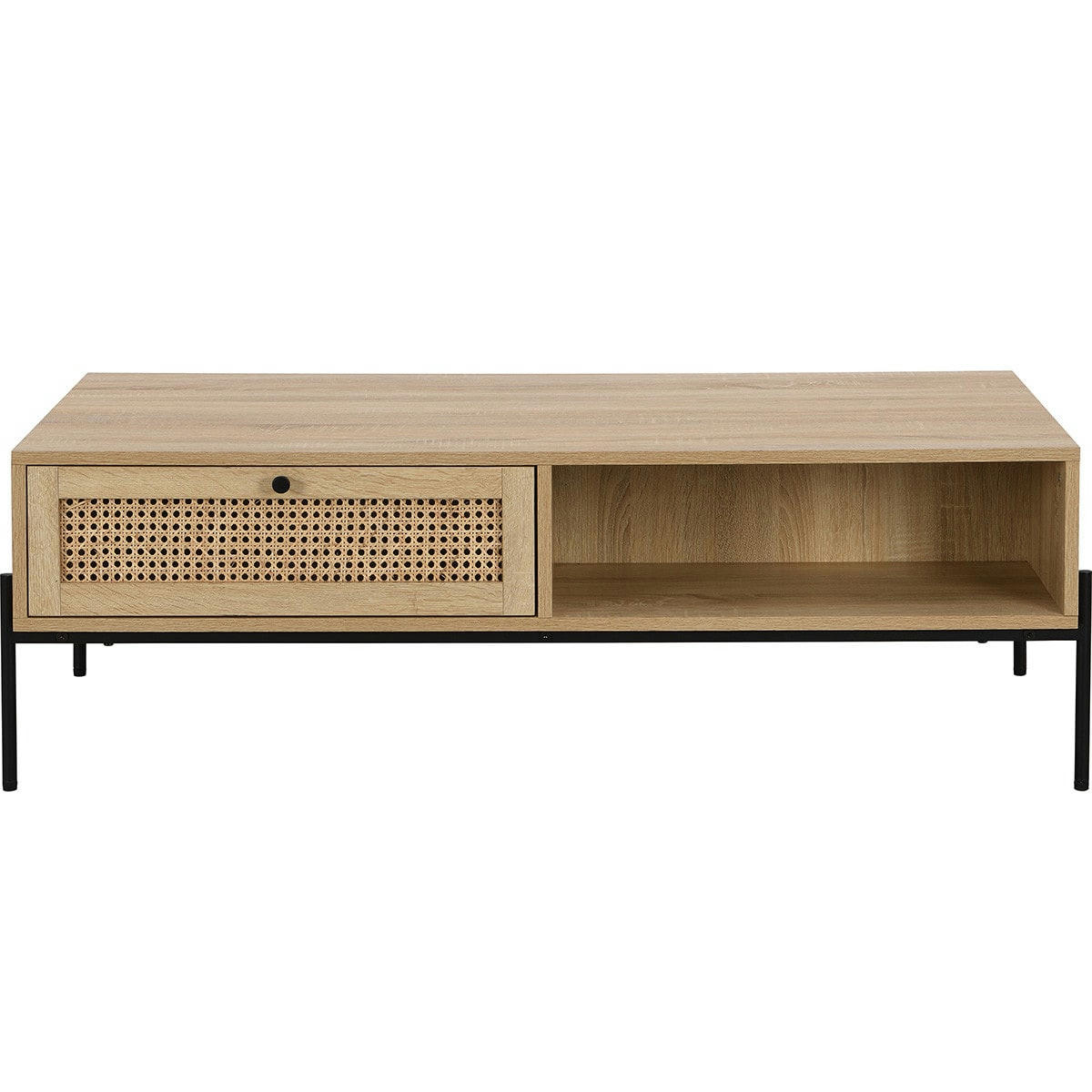 IRIS - Table basse 1 tiroir en cannage naturel et effet chêne 115 cm