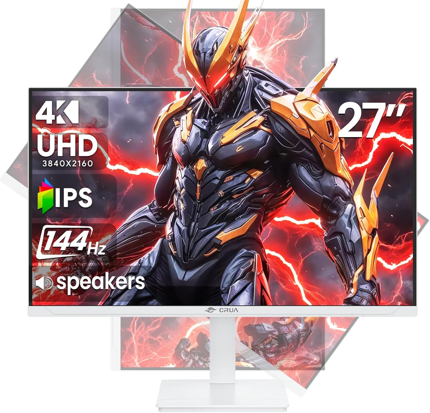 CRUA 27 Gaming Monitor  144Hz 4K UHD(3840*2160P) IPS Screen  Supports Height/Pivot/Rotating/Tilt Adjustable Vertical Monitor  AMD Freesync  120% sRGB  Built-in Speakers  Wall Mountable Installs-White