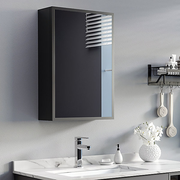 Armoire de toilette murale moderne avec miroir, 3 étagères, noire, idéale pour les salles de bains et le rangement gain de place.