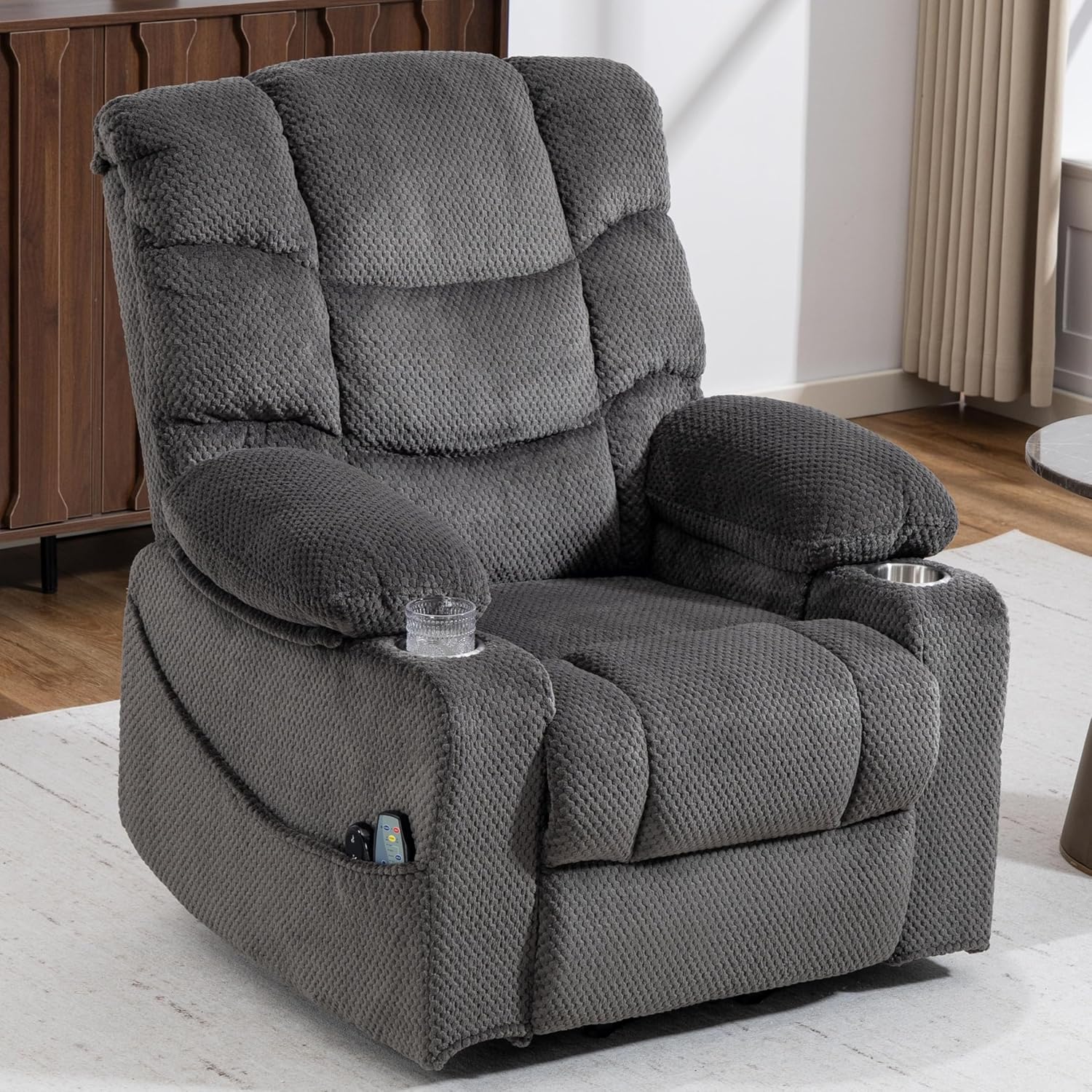 Power Lift Recliner Chair for Elderly, Velvet Recliner with Massage and Heat, Lazy Boy Power Recliner Lay Flat 160° Cup Holders for Living Room
