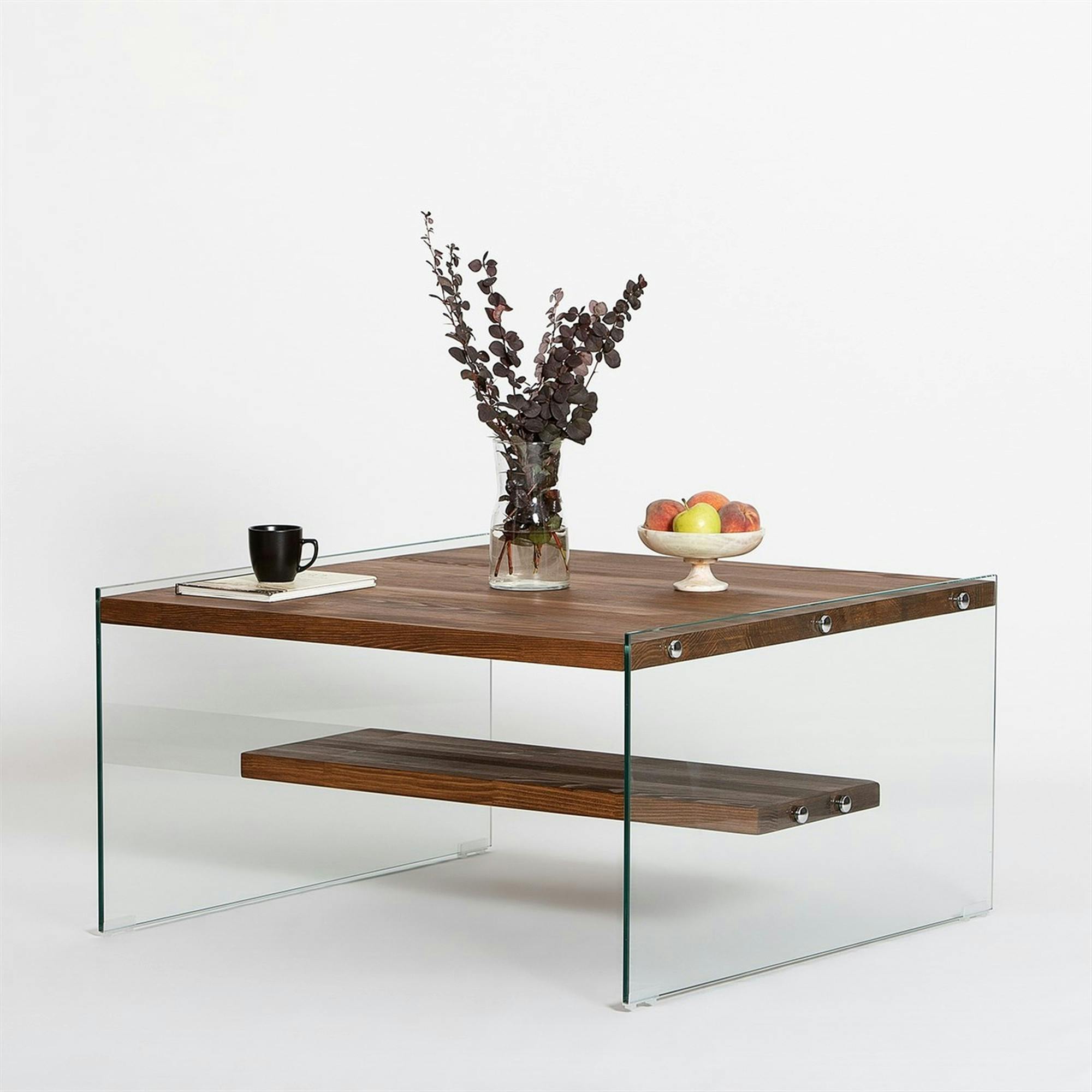 Table basse verre et bois - plateaux marrons suspendus LHASA