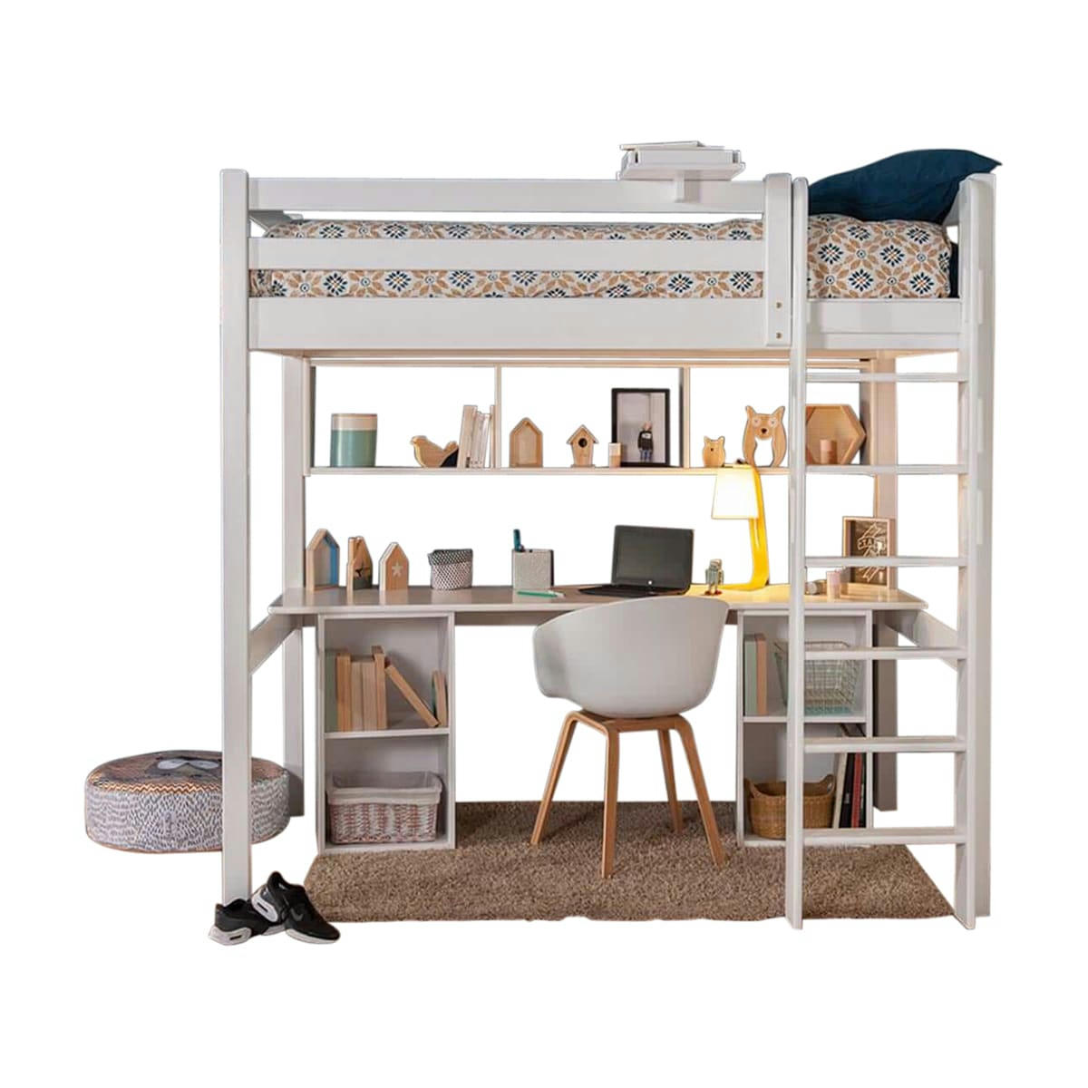 ORPHÉE - Lit mezzanine avec bureau 90x190 cm bois massif blanc