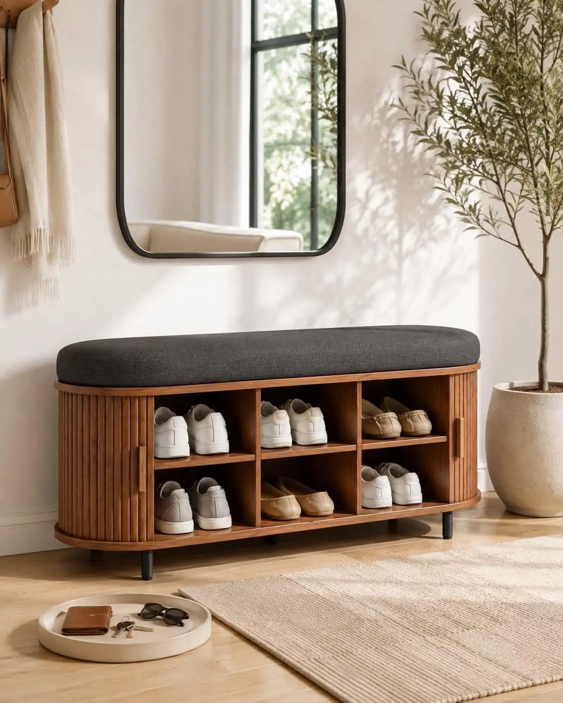 Wooden Shoe Storage Bench with Cushion, 3-Tier Rustic Entryway Organizer