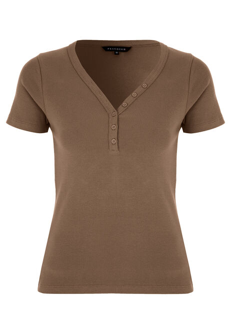Womens Chocolate Brown V-Neck Placket Top