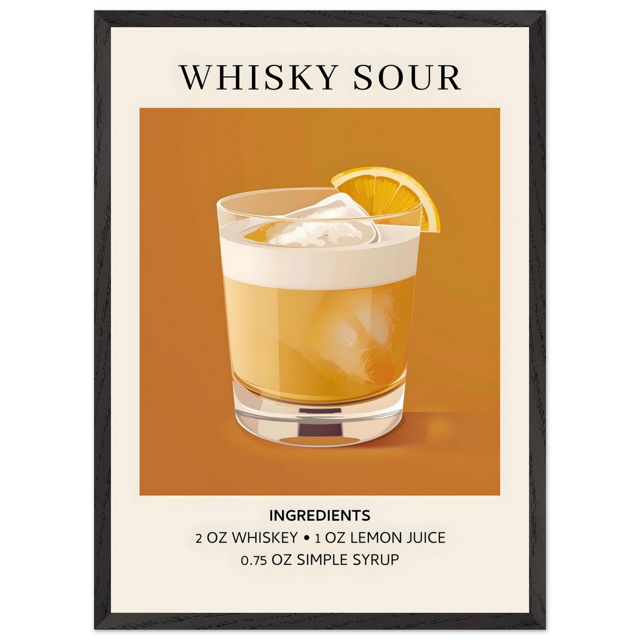 Artfulprints Poster met Lijst Whisky Sour cocktail - Ingrediënten  - 50x70 cm - Oranje