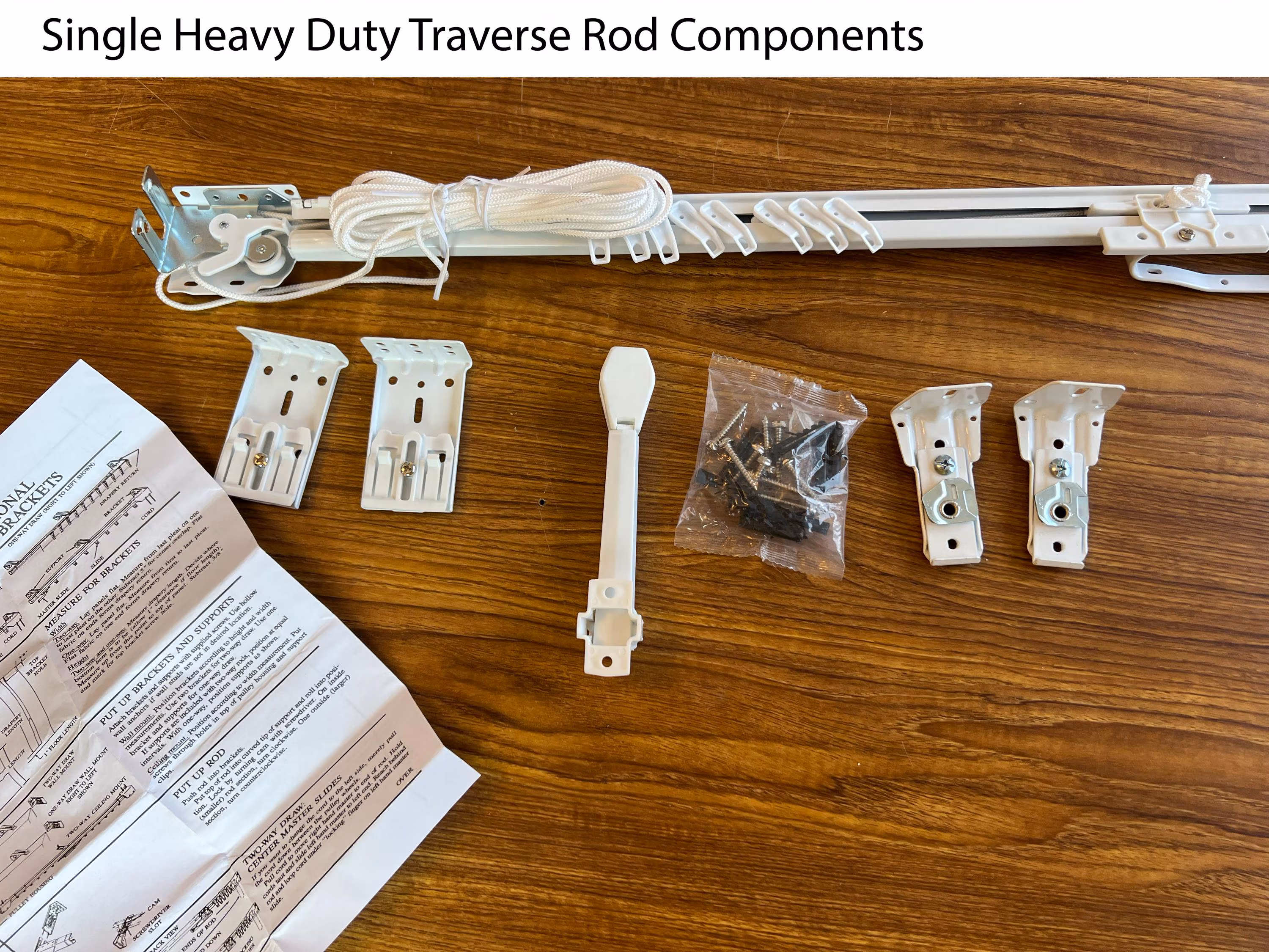 Heavy Duty Traverse Curtain Rod Set – Center Open, Cord Draw – White Metal Pinch Pleat Track – Drapery Hardware – Price per Rod
