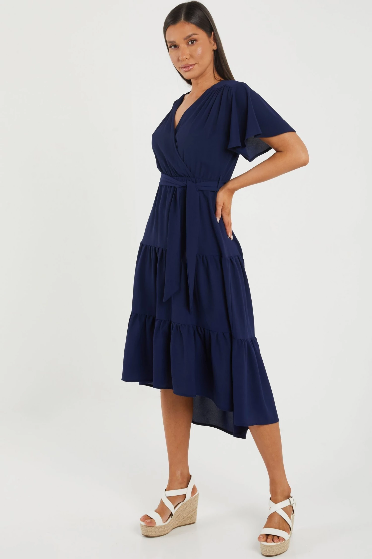 Quiz Blue Wrap Tiered Dip Hem Dress