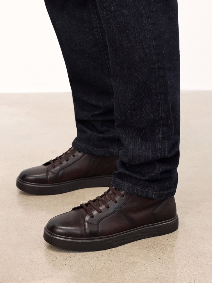 Leather brown sneakers with high upper