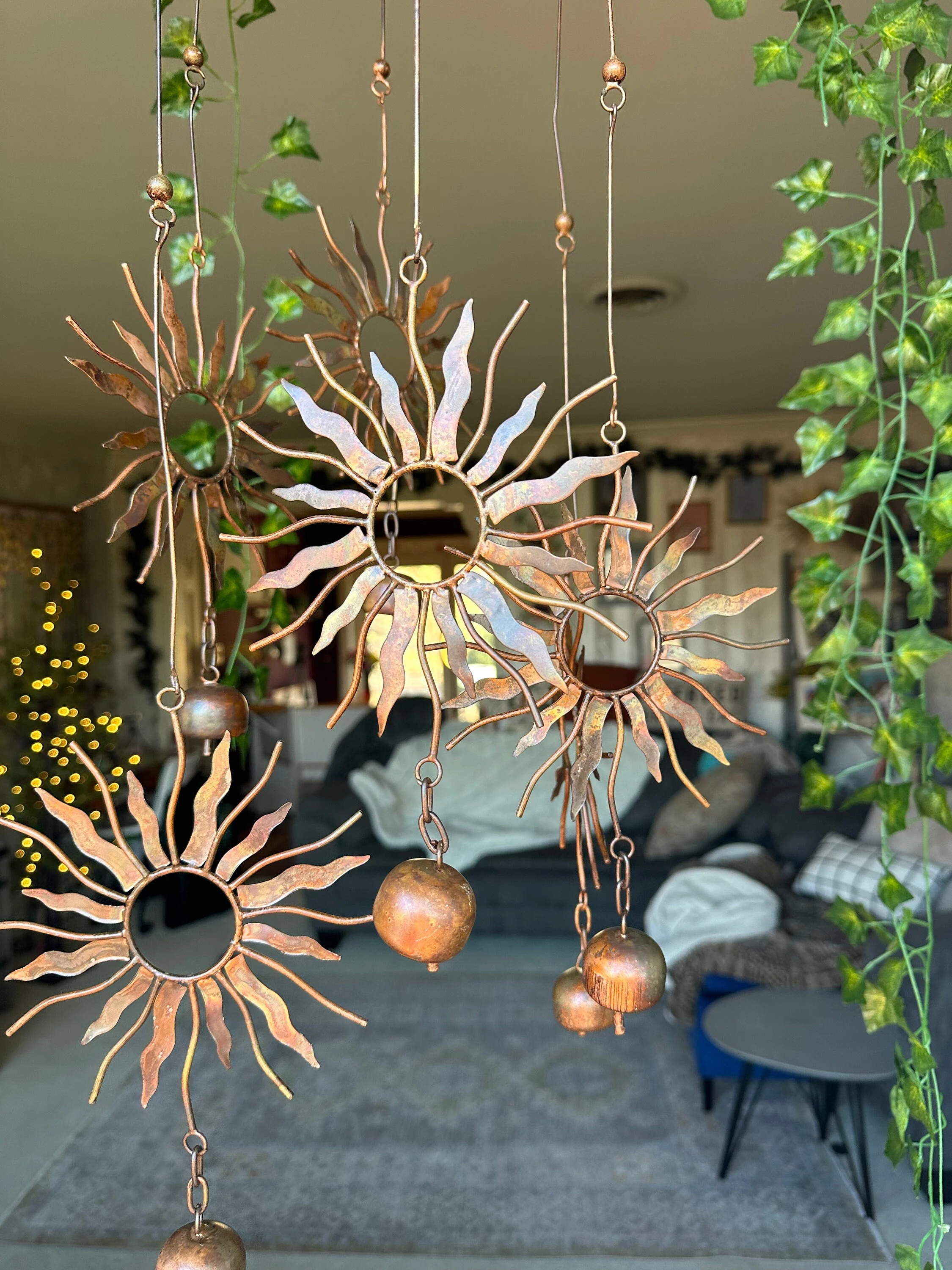 Sun Mobile with Bells, Garden Decor, Boho Sun Hanging Ornament, Handcrafted Metal Wind Chime, Gift for Gardening Mom, Outdoor Patio Decor