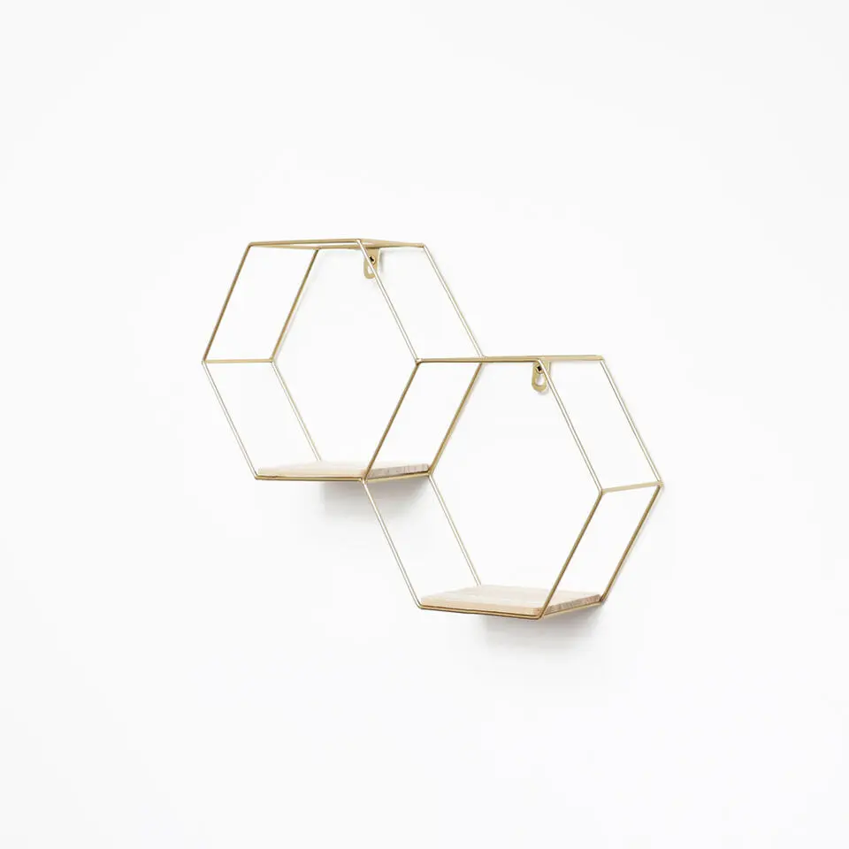 Dubbel zeshoekig metalen wandrek met 2 houten plankjes - 30,5x41 cm - Goud