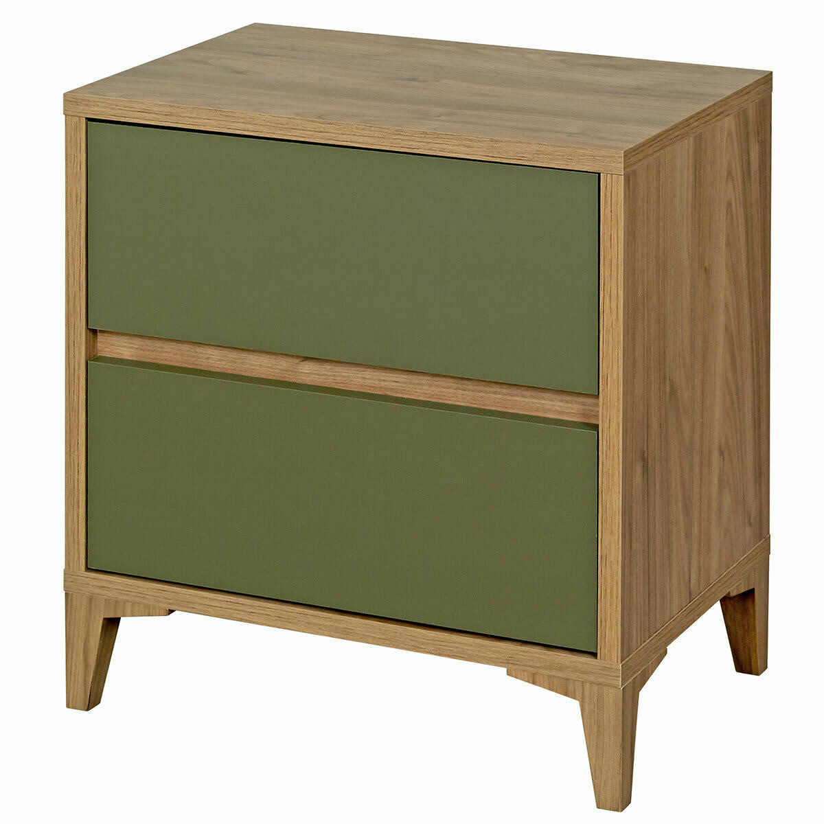 KIRA - Chevet 2 tiroirs effet bois noyer et vert