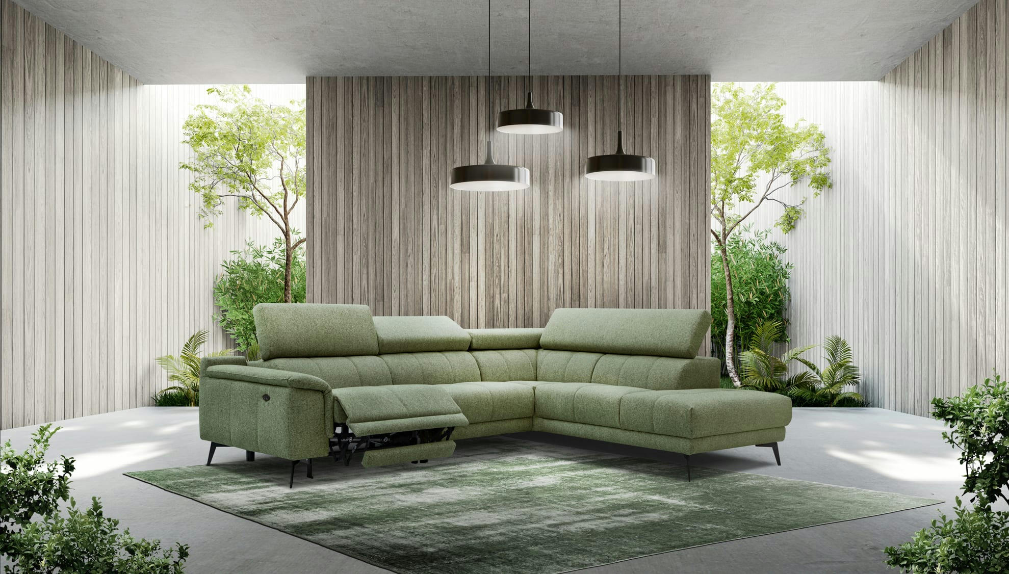 FIERO - Canapé d'angle droit 5 places avec une relax électrique tissu vert