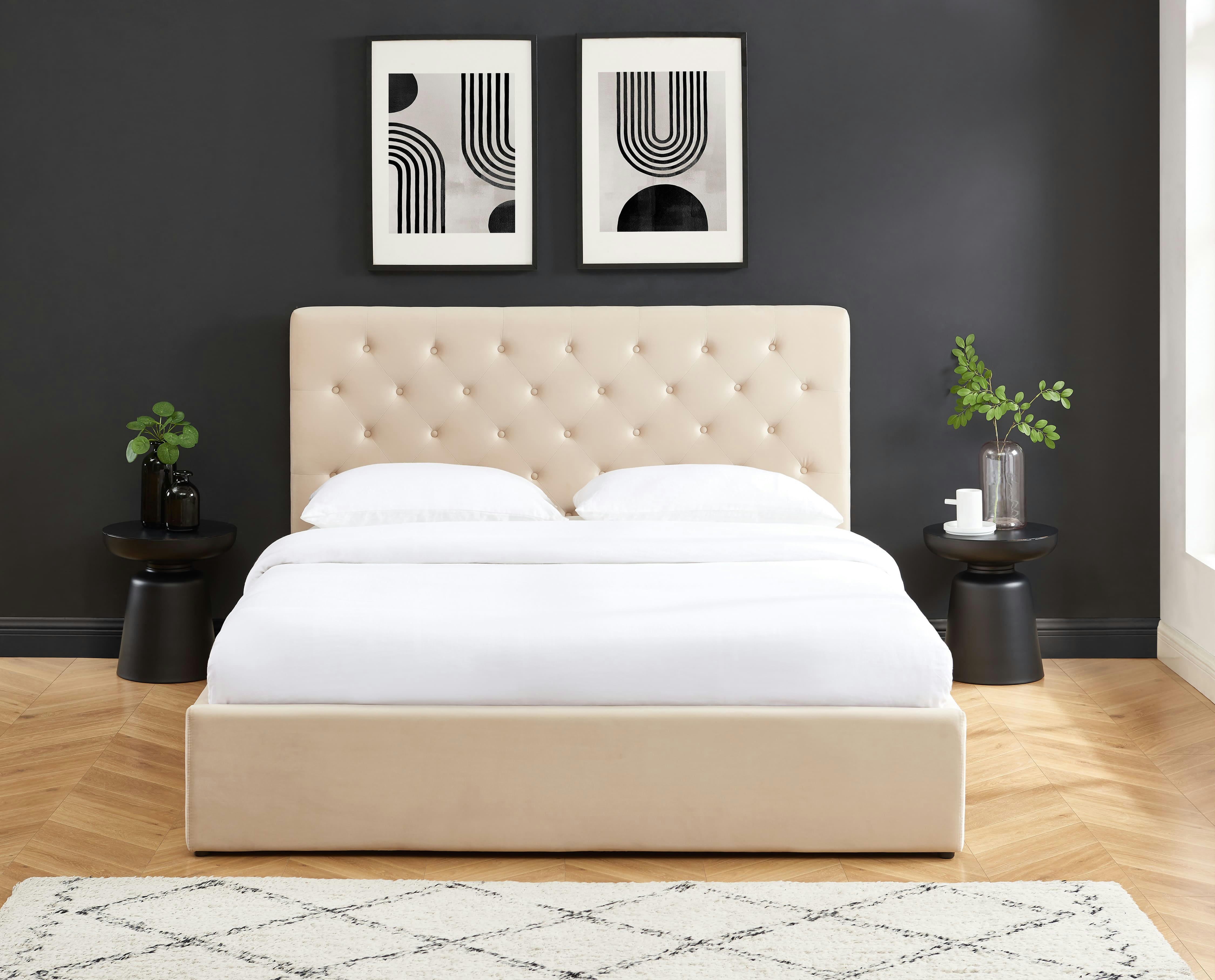 HUBERT - Lit double avec coffre   velours beige 160x200 sommier inclus