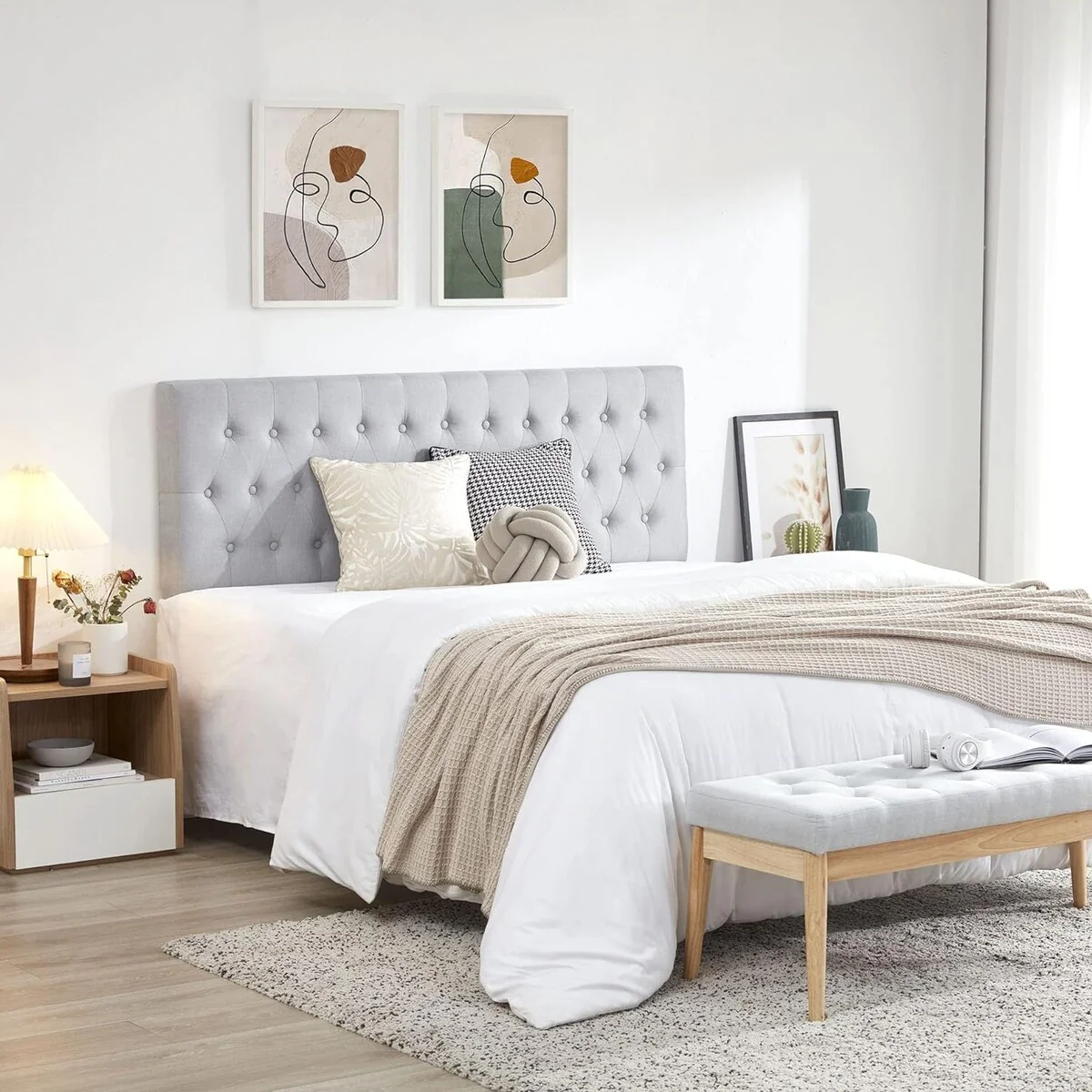 Tufted Upholstered Queen Size Bed Headboard in Button Design,Adjustable Solid Wood Head Board,Linen Fabric Padded Headboards