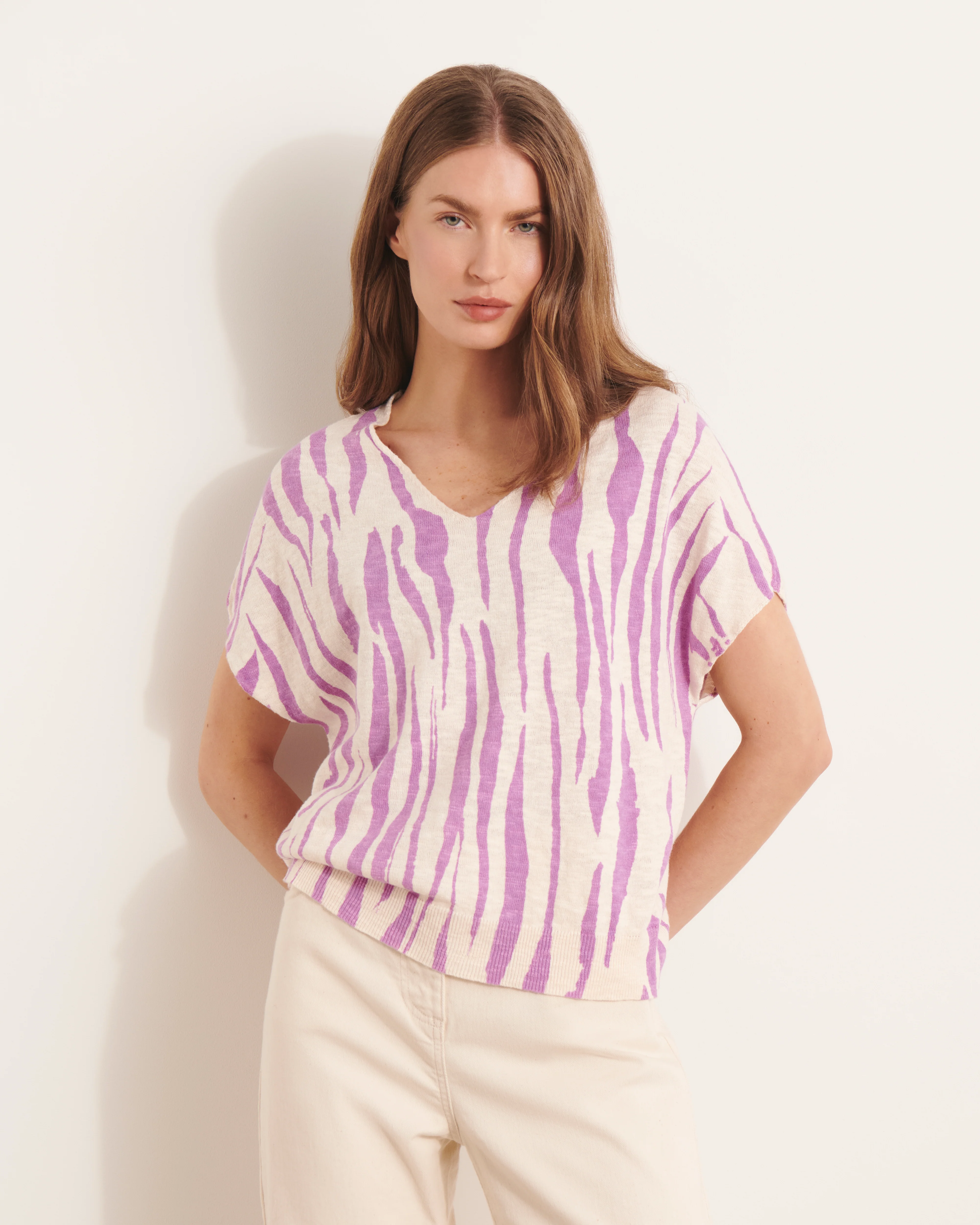Pull kimono en maille imprimé violet ALZEBRE/13188/891