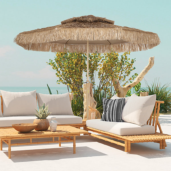 Parasol droit style Hawaïen - parasol à franges raphia diamètre 294 cm - manivelle métal marron clair