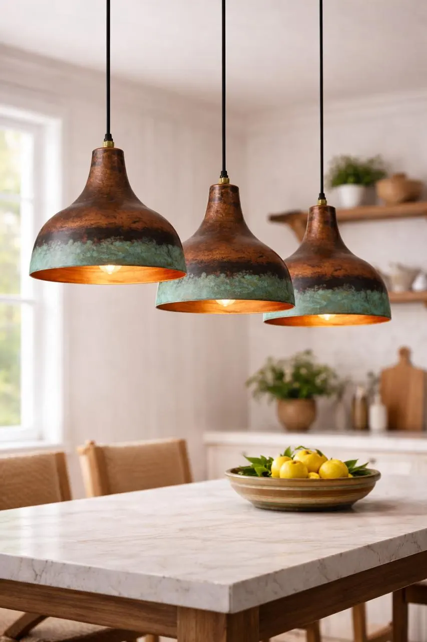 Set of 3 Handmade Green Patina Copper Pendant Light: Rustic Island Lighting