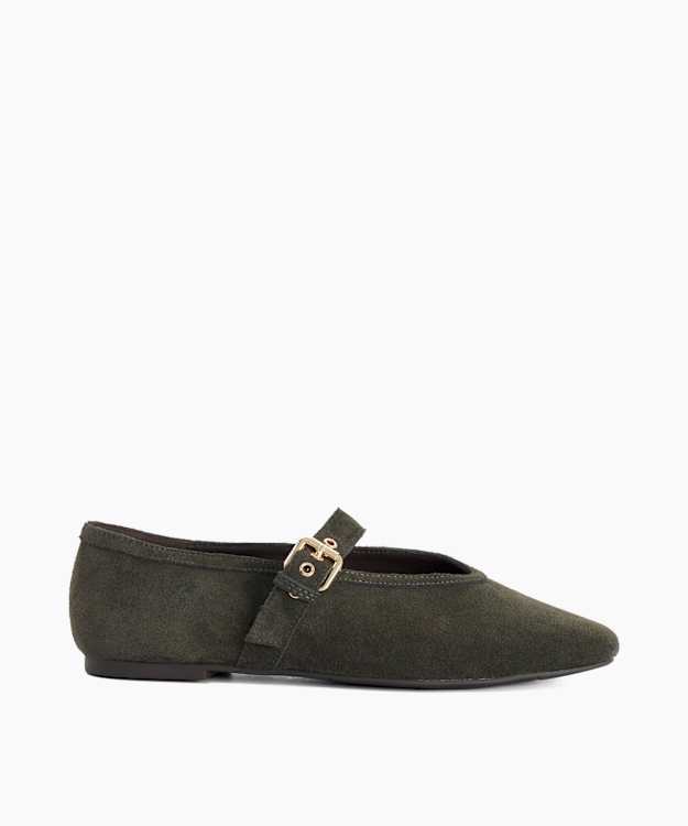 Herbs Khaki - Suede Buckle-Detail Ballet Flats