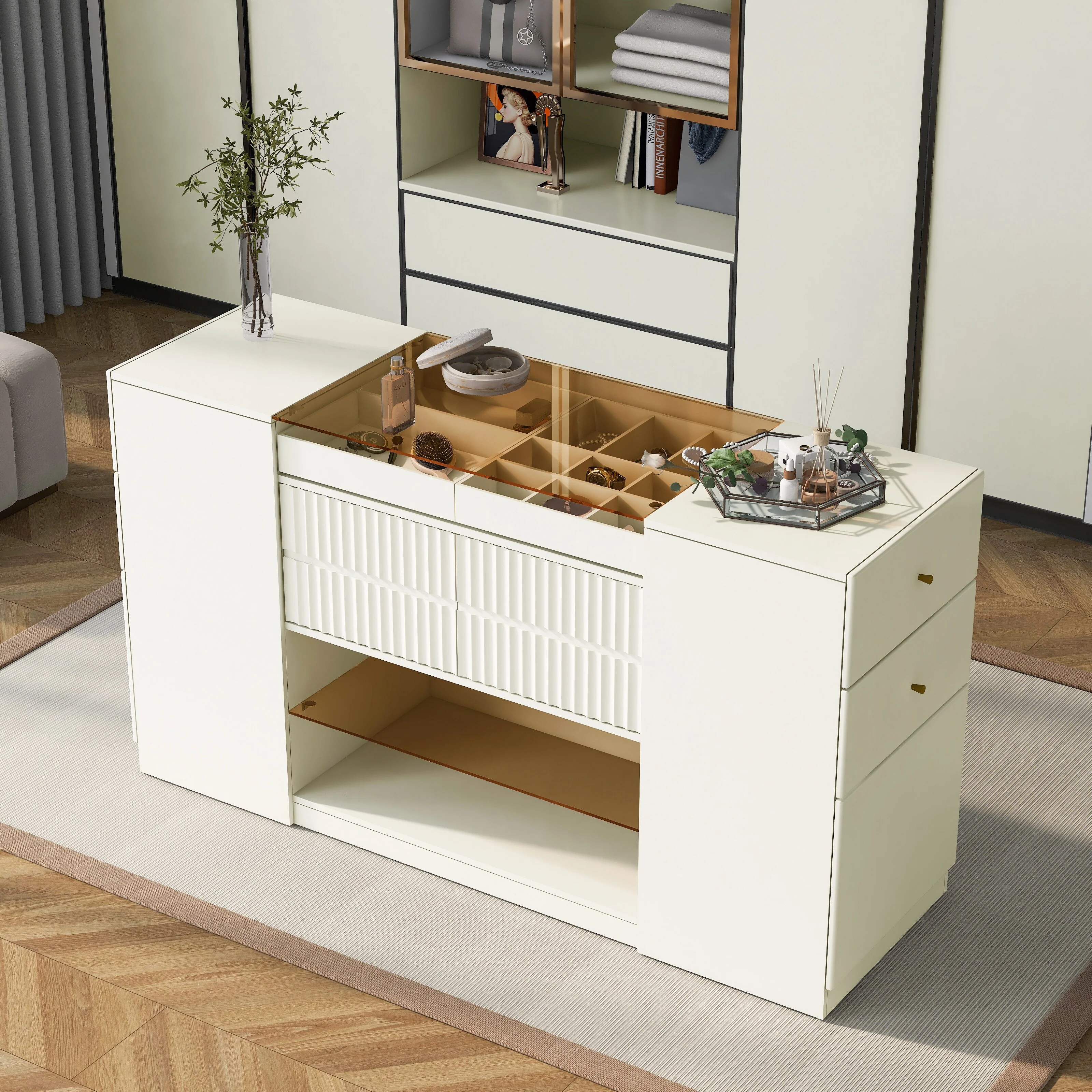 Roomfitters Modern Luxury Multi-Functional Island Vanity Dresser, Storage Cabinet with Glass Tabletop, Cream White