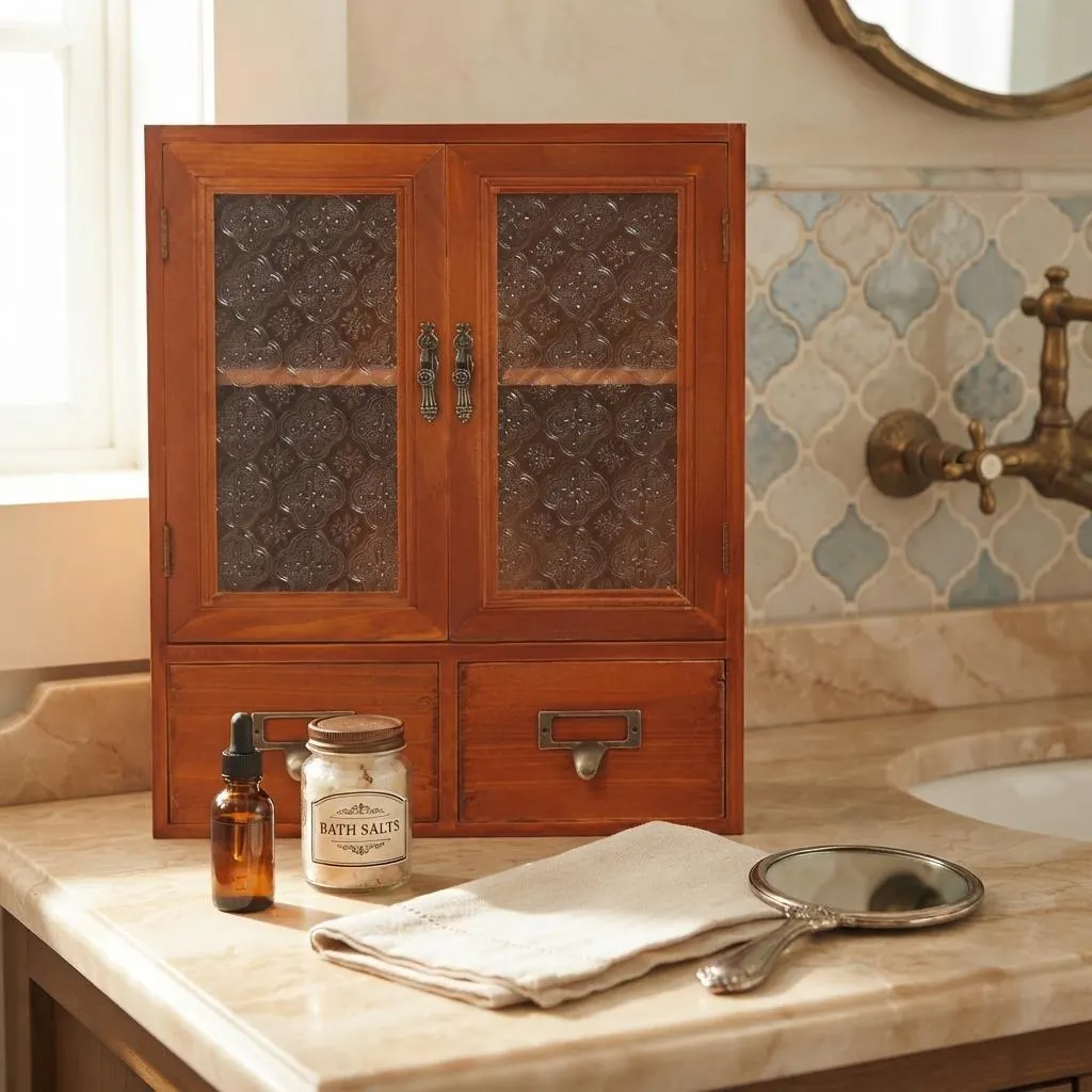 Vintage Wood Counter Cabinet with Glass Doors and Drawers (12