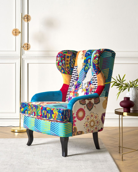 Fotel uszak patchwork wielokolorowy niebieski