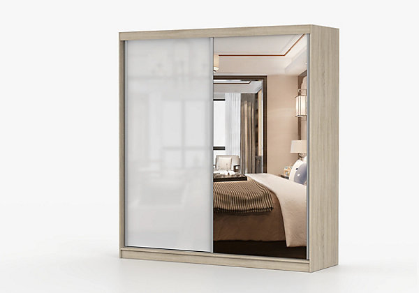 Armoire Orphée 203 cm avec miroir - Chêne - Blanc