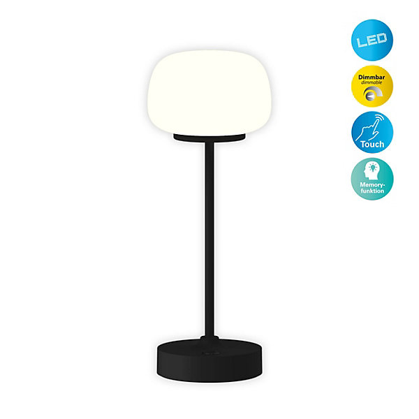 Lampe LED à accu/de table 'PINA' 30 cm de haut, en métal (noir) et verre (blanc), LEDs intégrés, blanc chaud