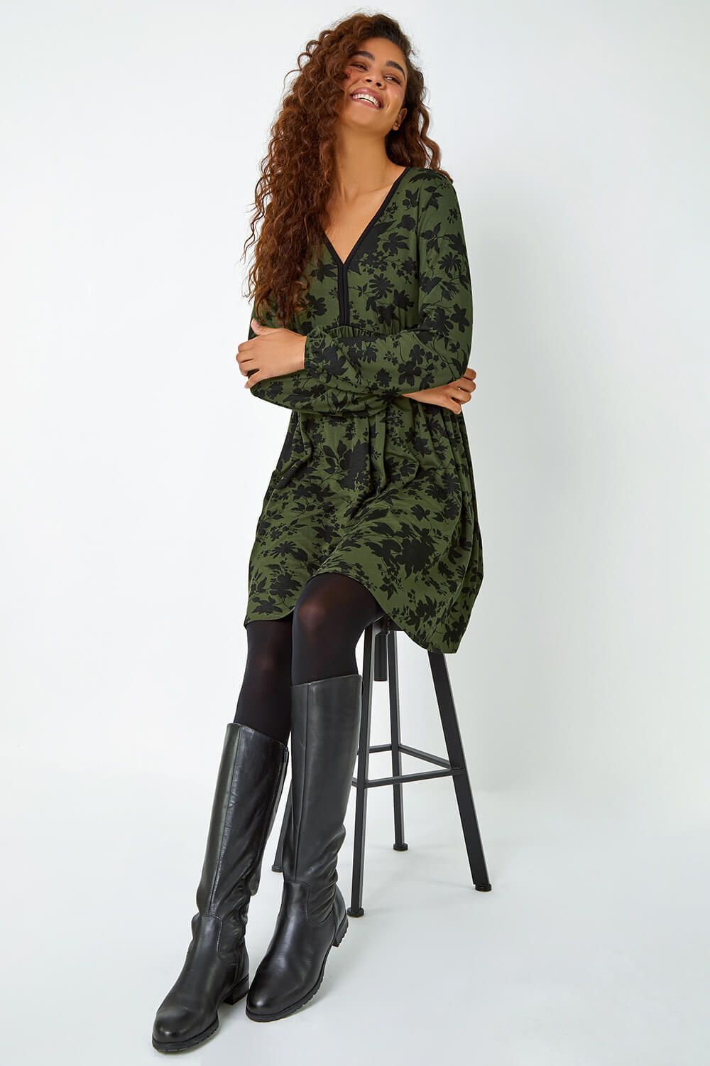 Roman Floral Contrast Trim Stretch Dress