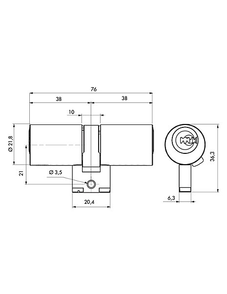 Cylindre adaptateur rond T2 BLCT, 38x38mm, diamètre 22mm, 4 clés - THIRARD