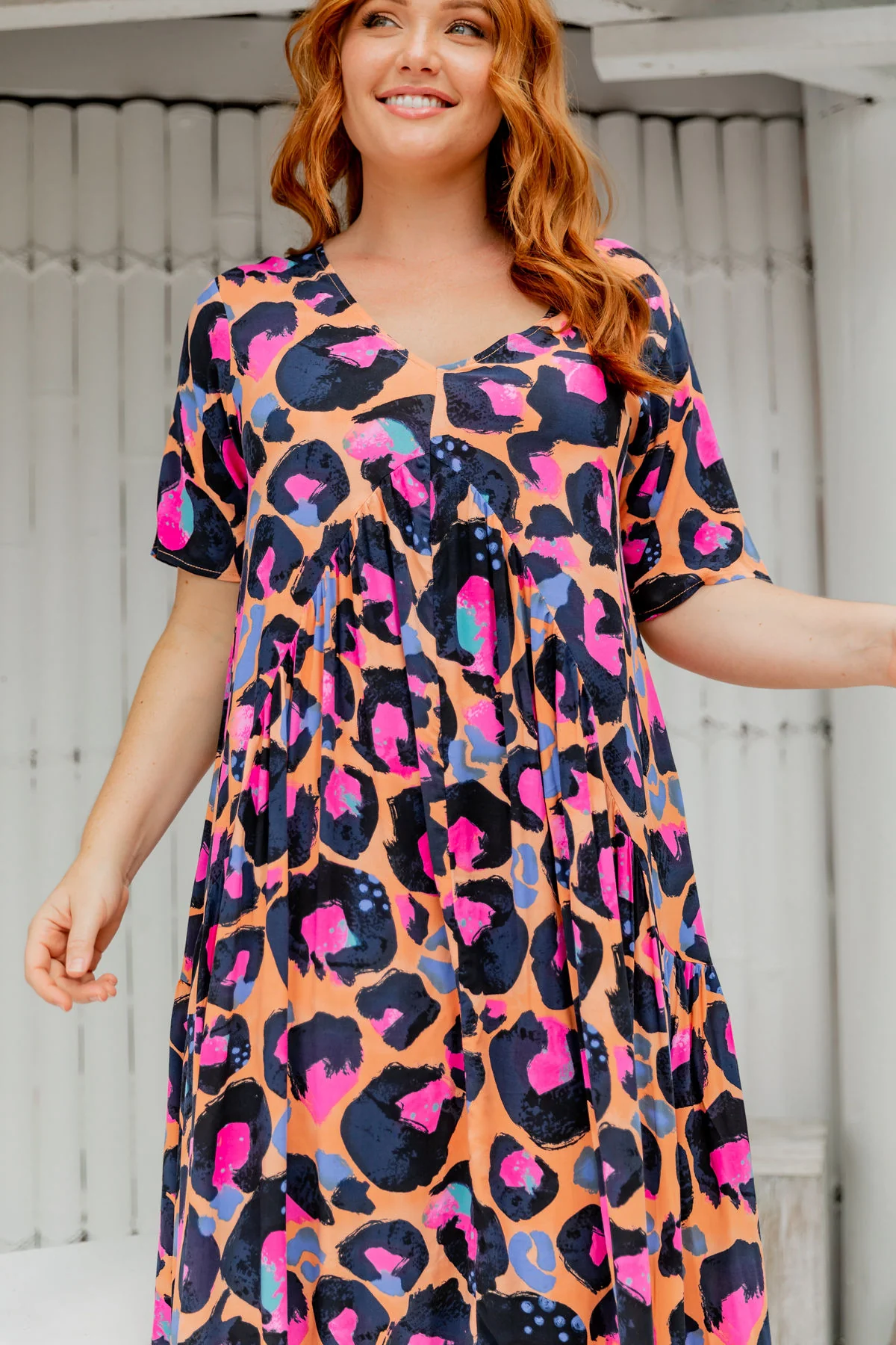 Peak Midi Dress in Sherbie - Peach Leopard by Kasey Rainbow
