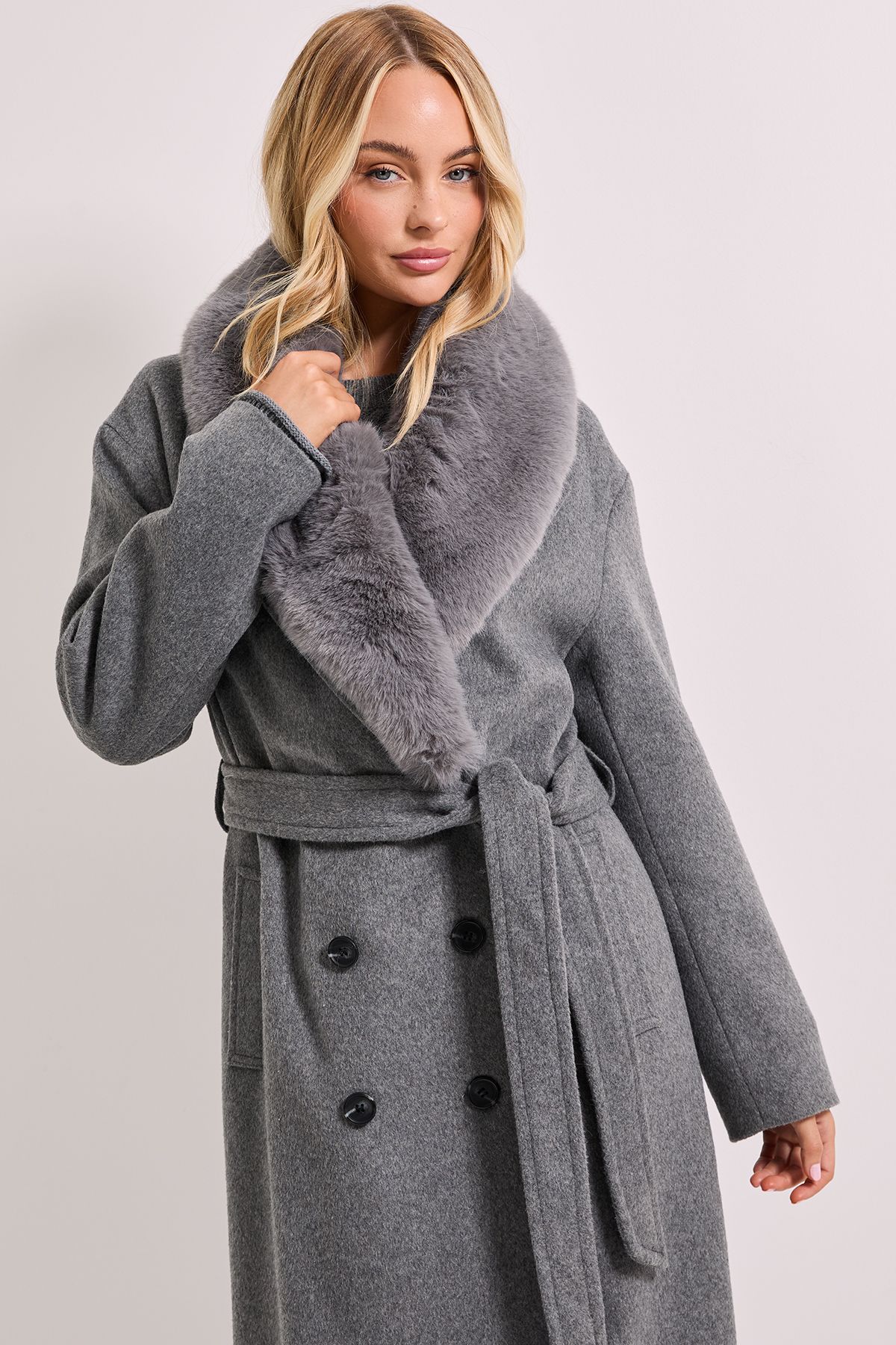 Dorothy Perkins Faux Fur Collar Belted Longline Coat