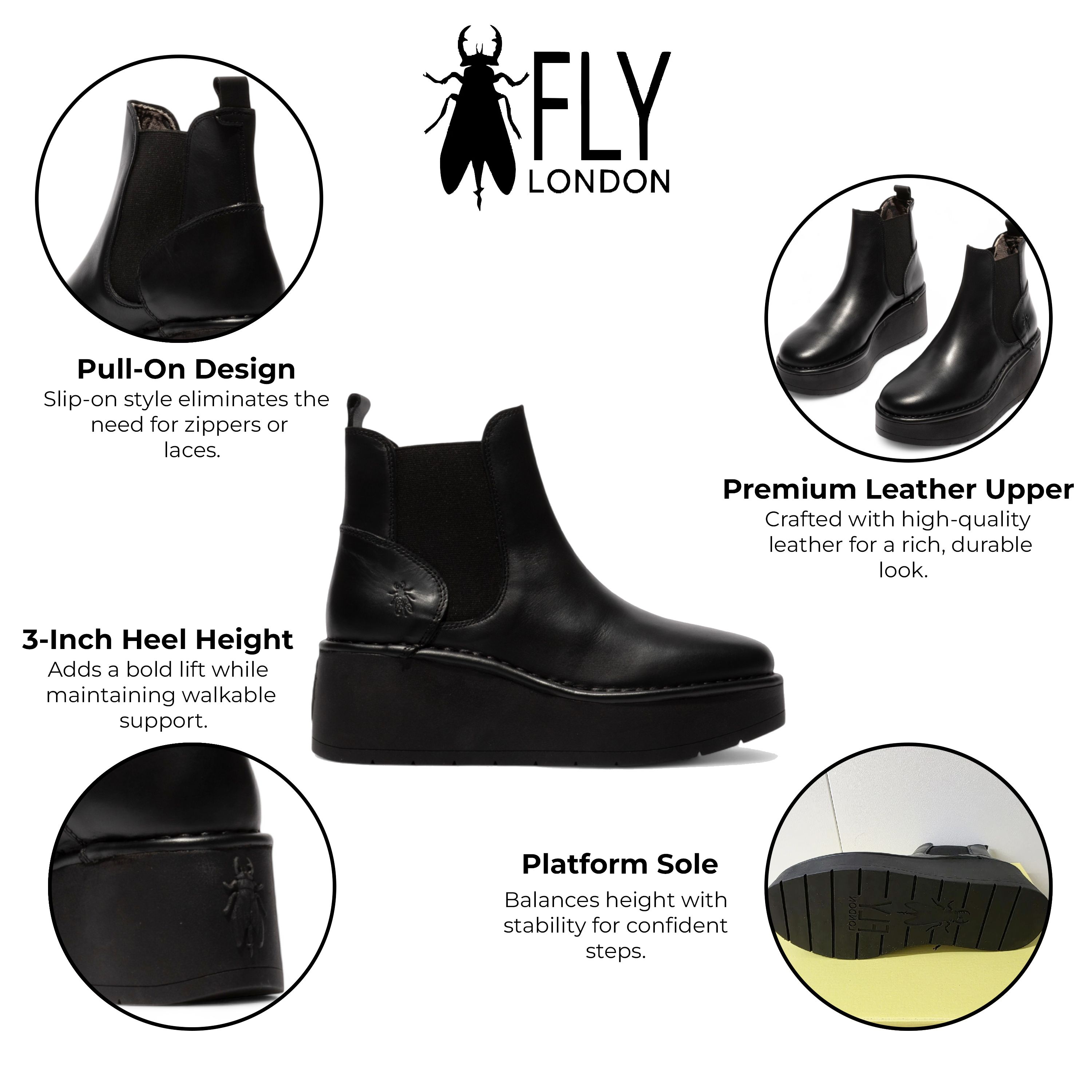 Infinity Leather Fly London HELY268 Chelsea Leather Ankle Pull-On Platform Comfort Boots
