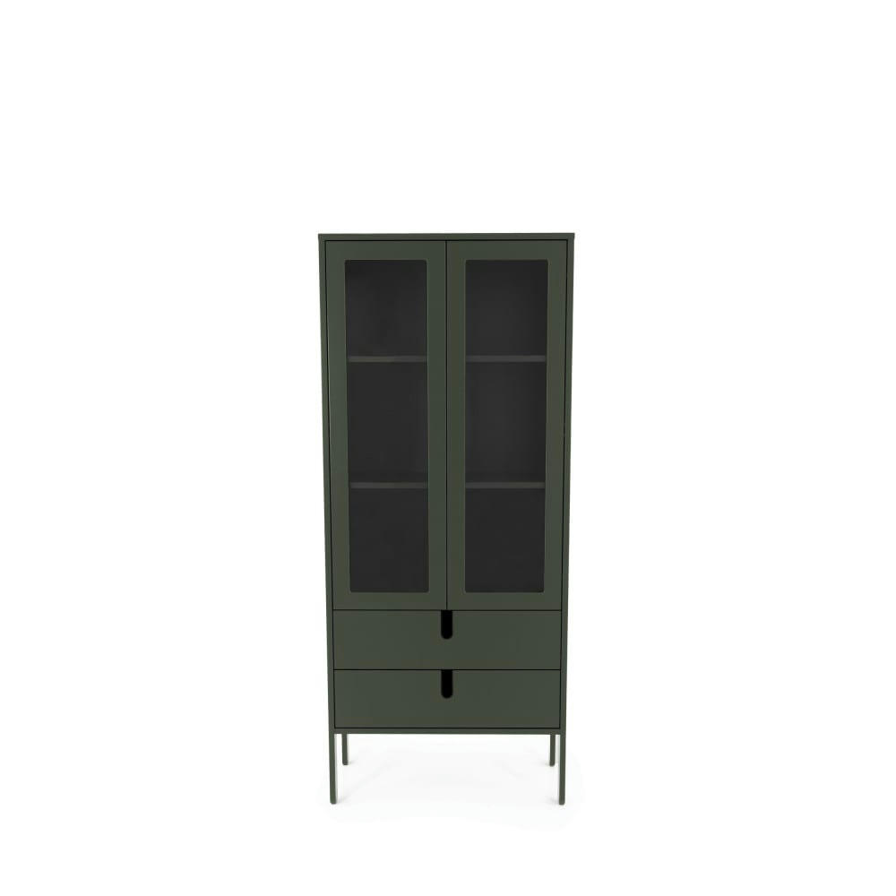 UNO - Vitrine en bois 2 portes 2 tiroirs H178cm vert kaki