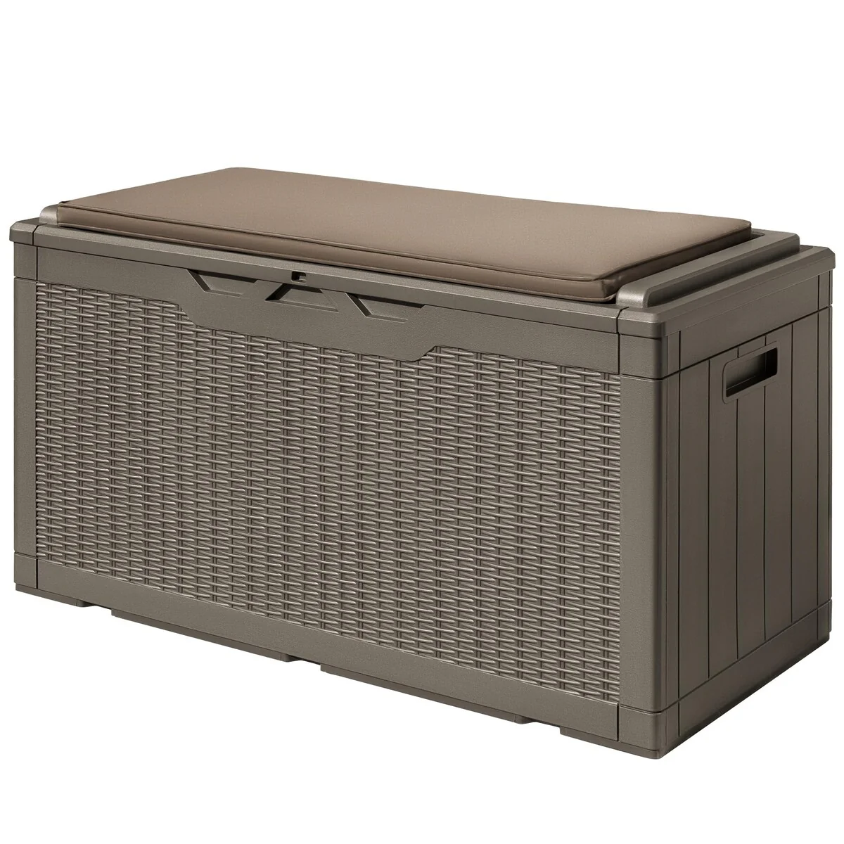100 Gallon Deck Box, Waterproof Resin Outdoor Storage Box with Cushion Large Outdoor Storage Bench Cabinet Lockable for Garden