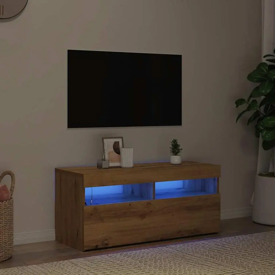vidaXL - TV-meubel met LED en 2 vakken - Artisanaal eiken - 90x35x40 cm