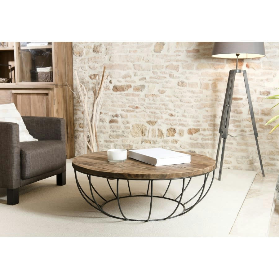 ALIDA - Table basse coque en teck recyclé métal noir D100