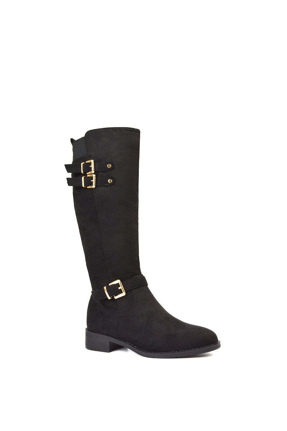 XY London Amy' Knee High Elasticated Flat Biker Calf Boots with Buckles