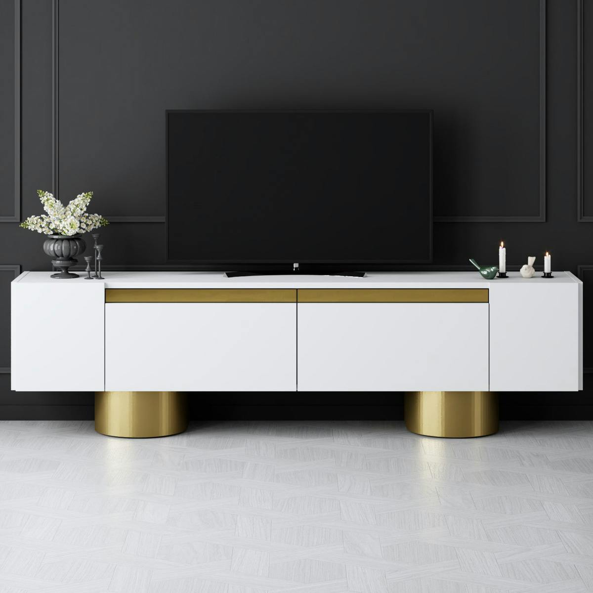 Meuble TV blanc et or design 2 portes abattantes JENA