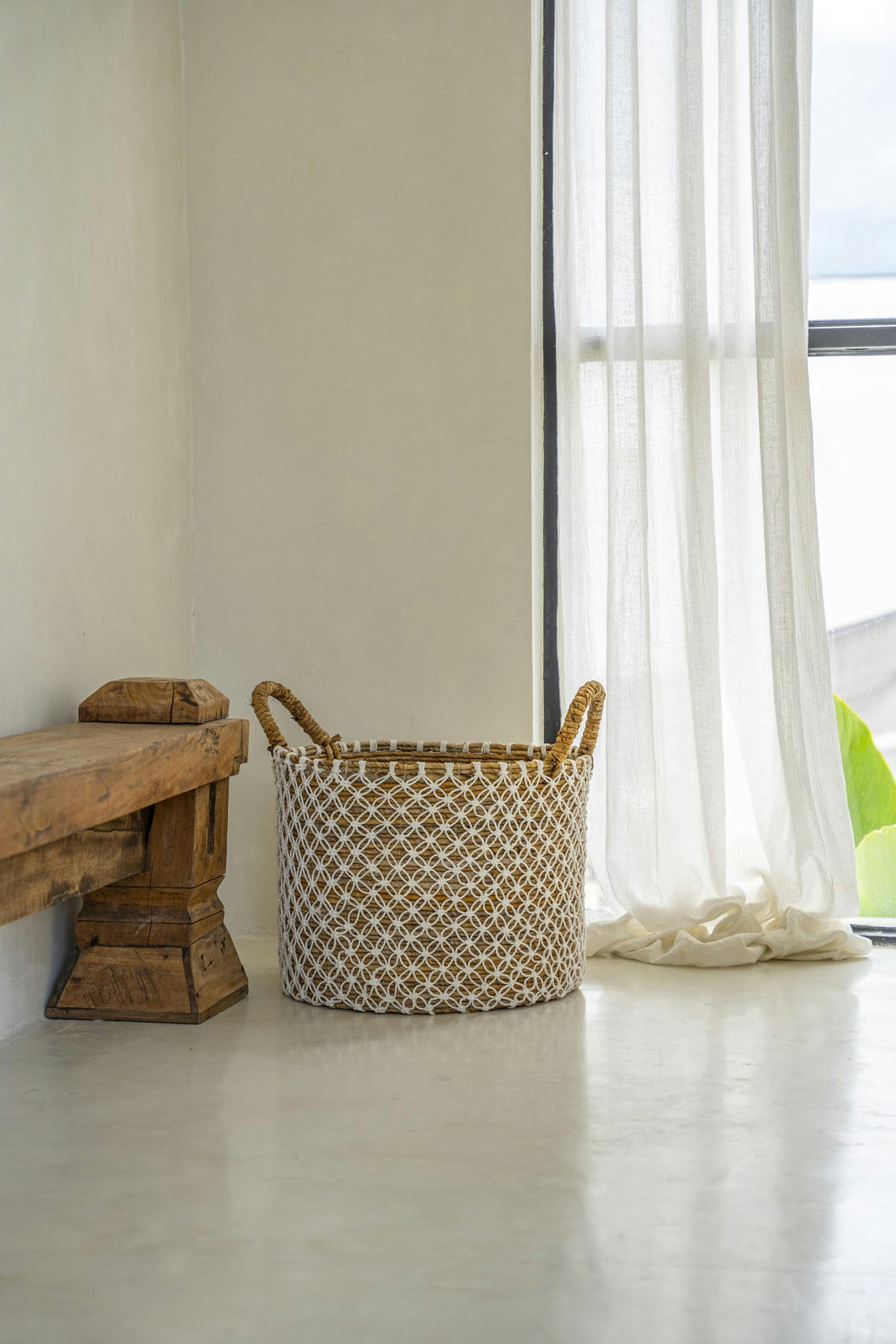 CROSS STITCHED - Panier en herbes de mer naturel blanc