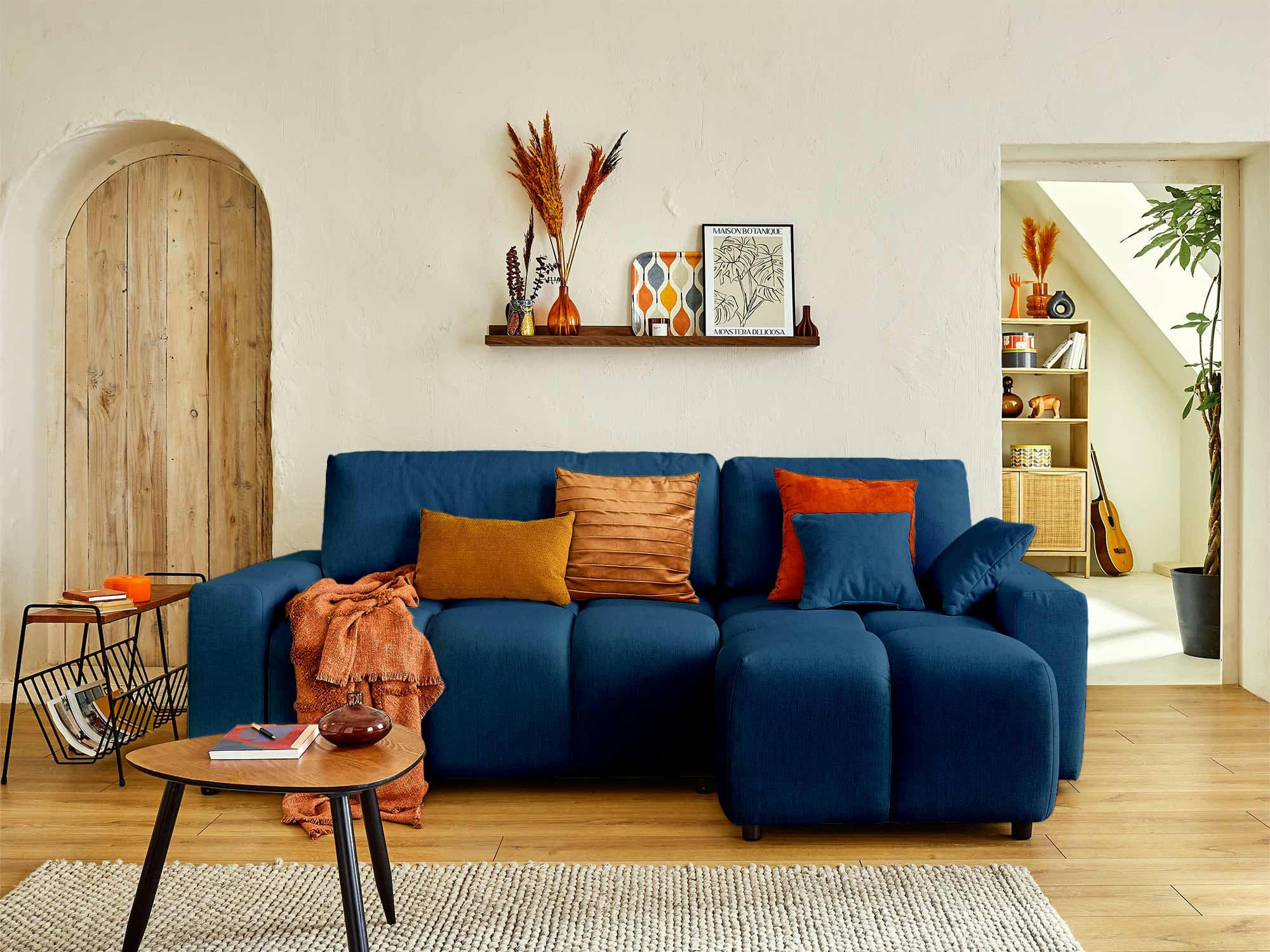 CROCUS - Canapé d'angle réversible convertible 4 places en tissu bleu ardoise