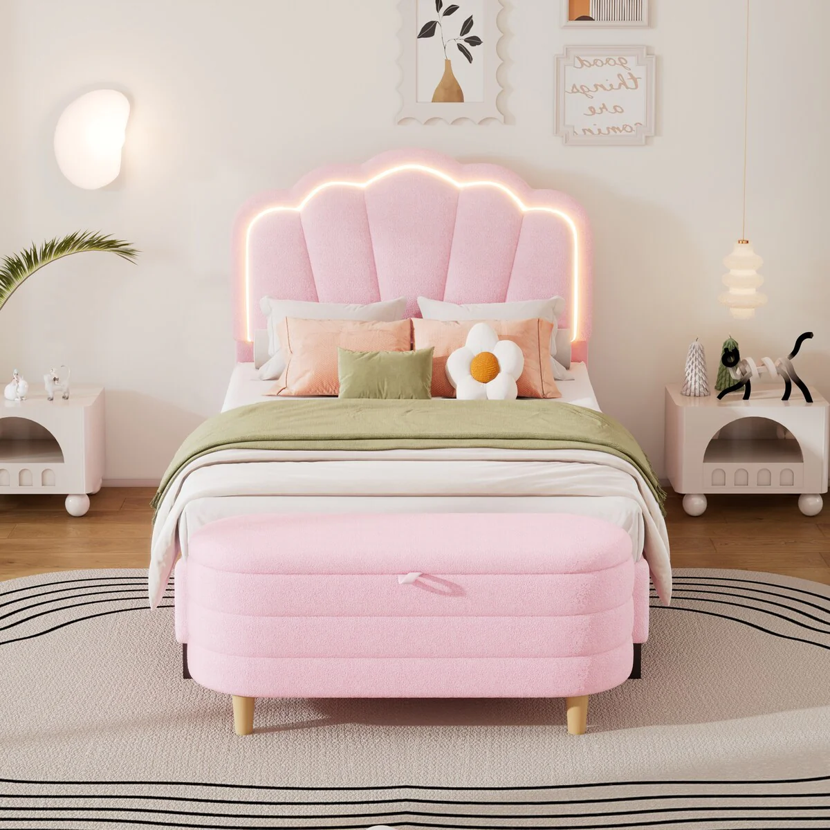 2 Pieces Upholstered Bedroom Sets with Twin Size Flower-Shaped LED Platform Bed &Storage Ottoman