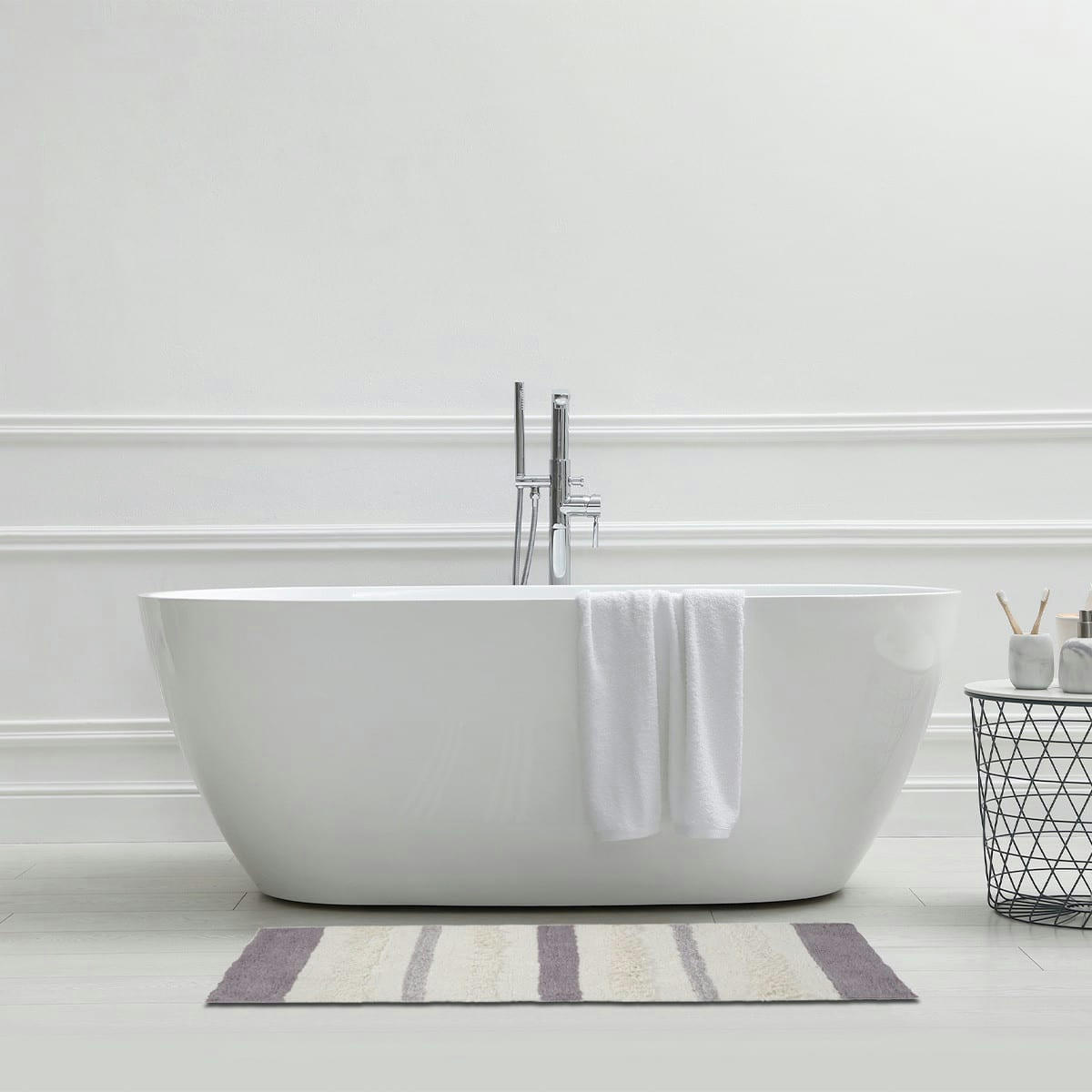 CHRIS - Tapis de bain coton fantaisie blanc et gris 60x120cm